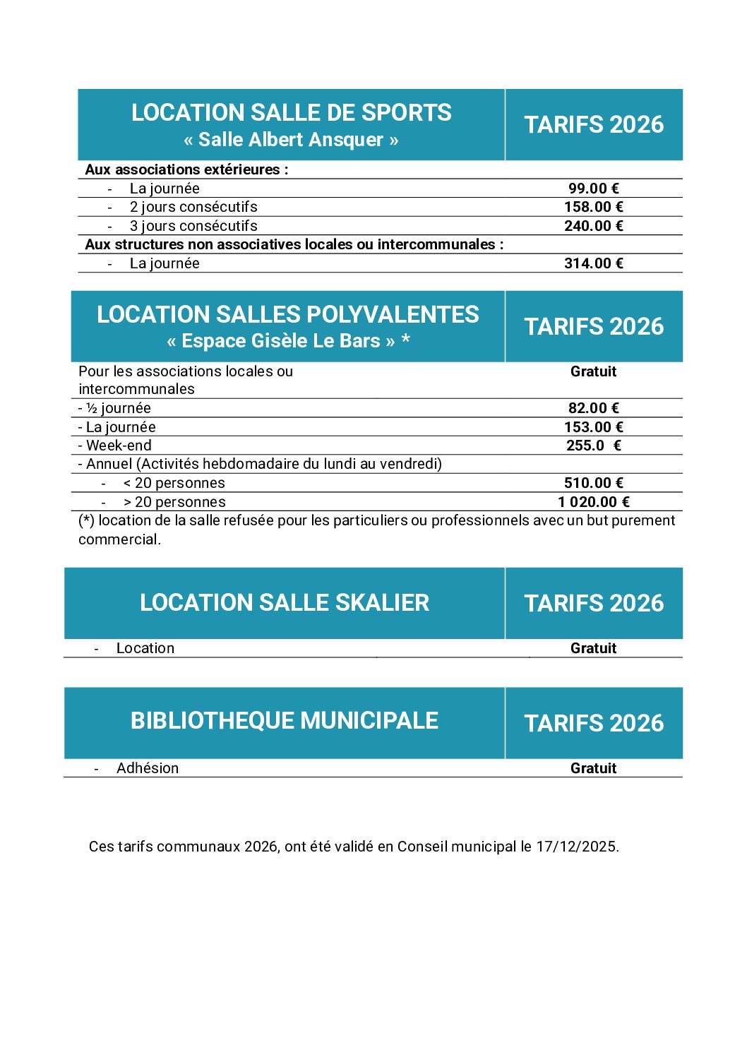 TARIFS COMMUNAUX 2026-2